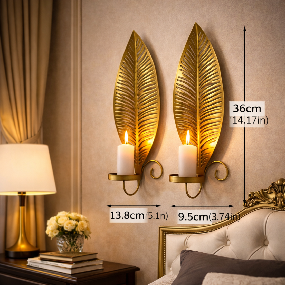 סט פמוטי קיר בצורת עלה – מחזיקי נרות ממתכת בגימור זהב
