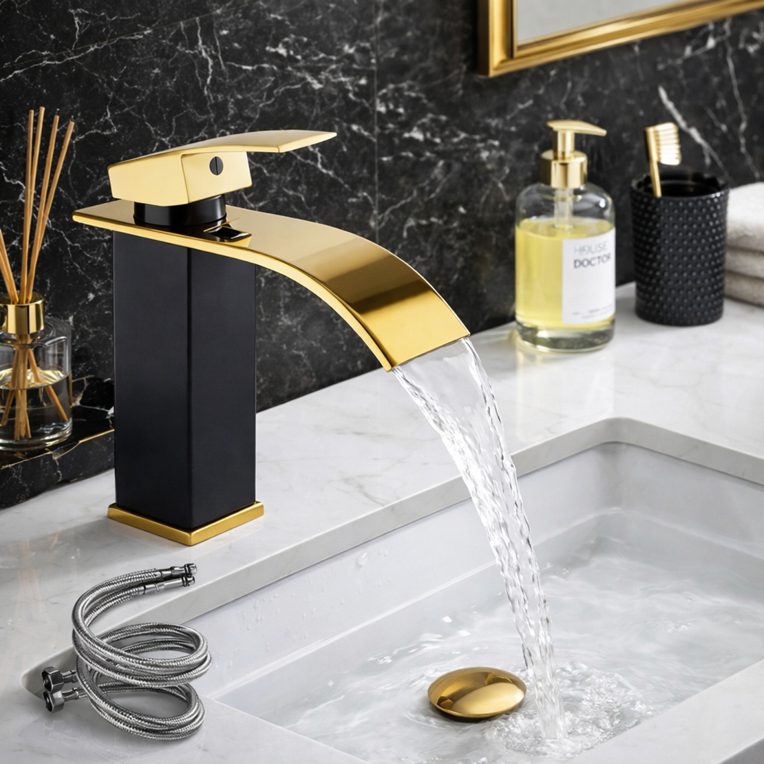 ברז לכיור אמבטיה יוקרתי בעיצוב שחור-זהב
