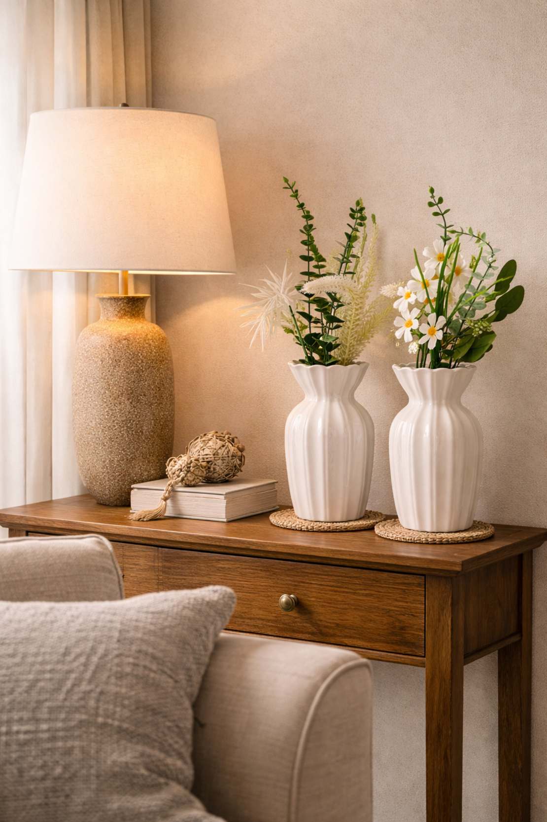 עציצים קרמיים עם פרחים מלאכותיים לבית