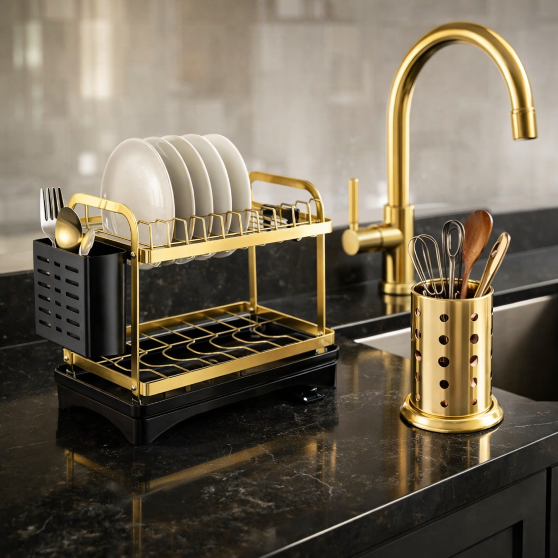 מייבש כלים קומפקטי + מתקן סכו״ם נירוסטה זהב