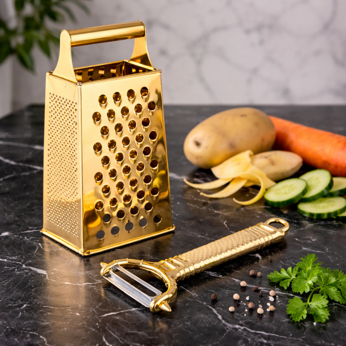 סט מגרדת וקולפן נירוסטה בגימור זהב