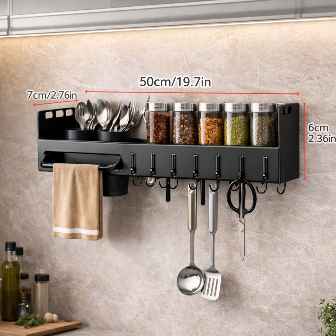 מדף תלייה ומארגן כלים למטבח שחור.