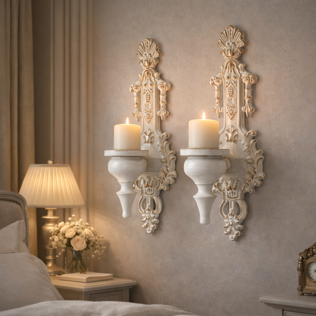 זוג פמוטים מחזיקי נרות מתכת לתלייה לבן וינטאג'