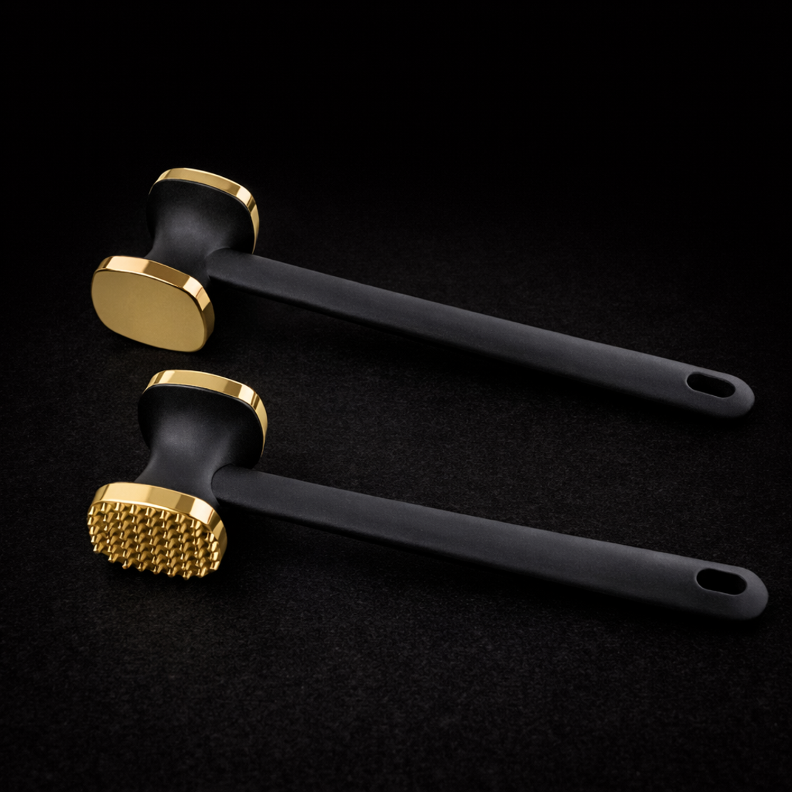 פטיש שניצלים מעוצב בצבע שחור עם נגיעות זהב,