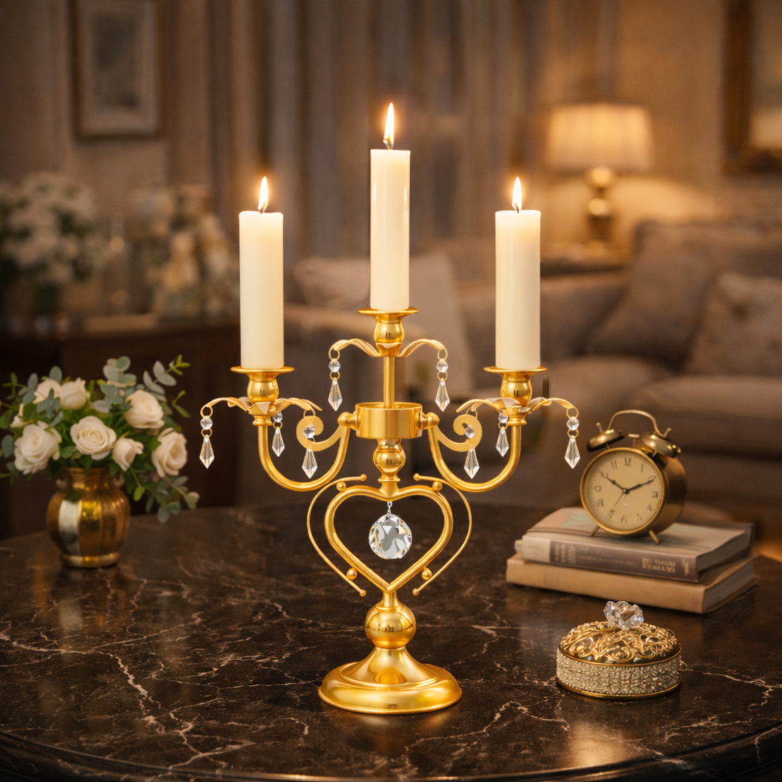 פמוט נרות יוקרתי זהב תלת־קני לשולחן