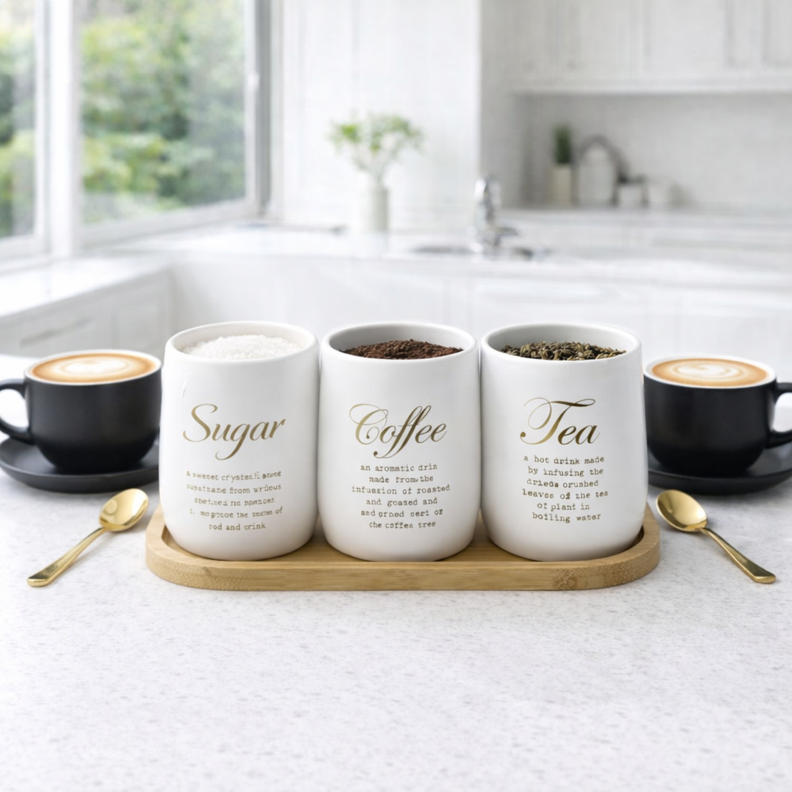 סט קפה סוכר תה לבן זהב