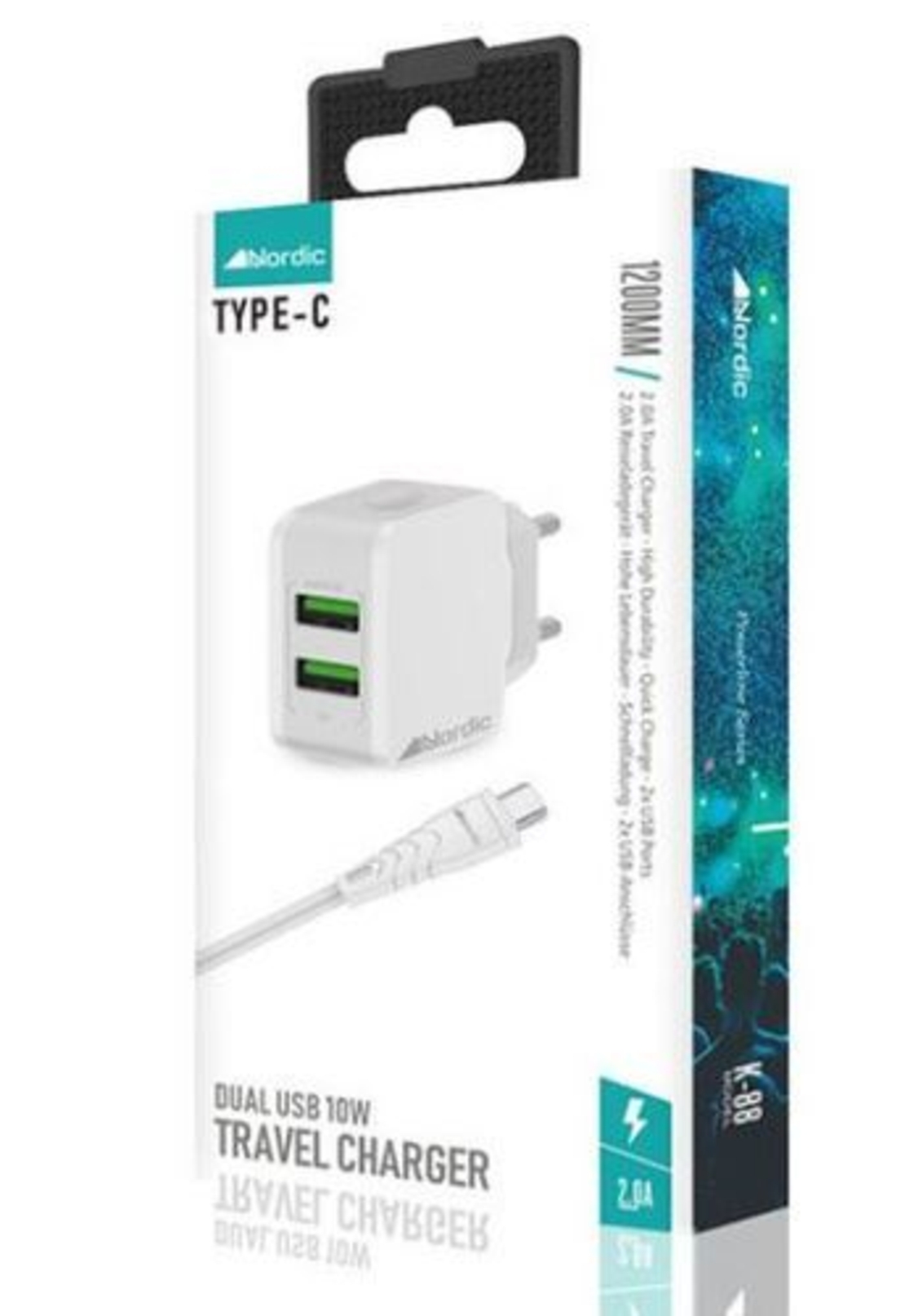מטען מהיר עם זוג יציאות USB וכבל USB-C מבית Nordic