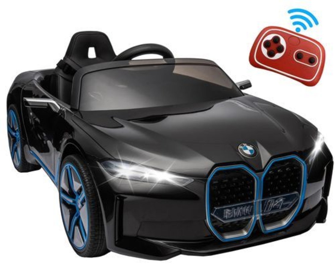 מכונית ממונעת 12V לילדים בדמות BMW I4 עם שלט רחוק, אורות ומושב דמוי עור - שחור