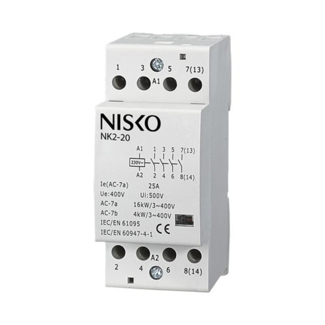 מגען / קונטקטור מודולרי 230V-AC NISKO 4NO דגם NK2-20