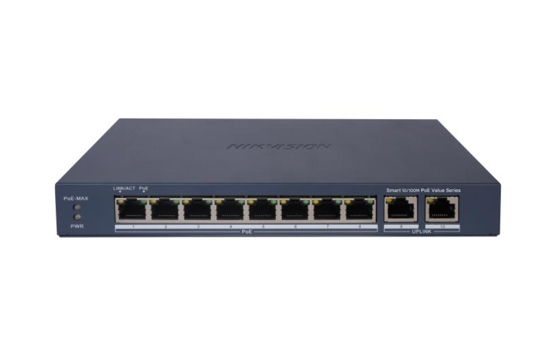 Hikvision DS-3E1310P-EI/M – מתג סוויץ' POE חכם 8 פורטים | 2 אפלינק Gigabit | 60W | ניהול חינמי | למצלמות אבטחה