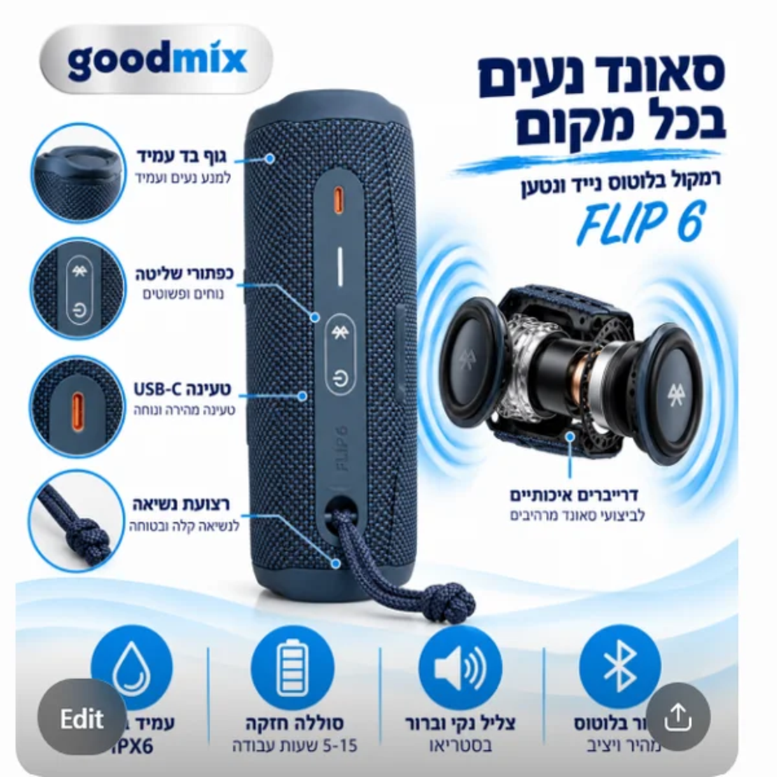 ALT: רמקול בלוטוס נייד ונטען Goodmix FLIP 6 עם המחשת רכיבי הסאונד, חיבור USB-C, כפתורי שליטה ורצועת נשיאה.