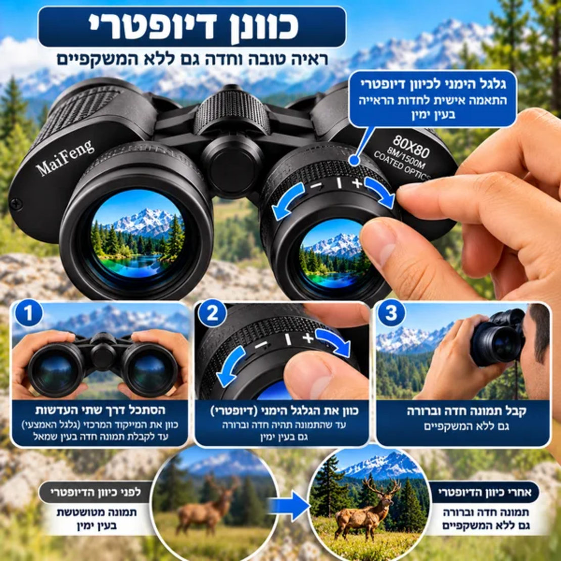 ALT: משקפת מקצועית Goodmix עם טבעת כיוון דיאופטרי בעינית הימנית, להתאמת חדות הראייה ולצפייה נוחה גם ללא משקפיים.