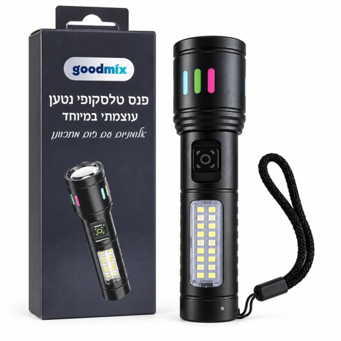 ALT: פנס טלסקופי נטען GoodMix עם תאורת LED קדמית וצדדית, לצד האריזה המקורית.