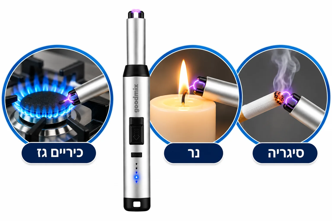 מצית אלקטרוני נטען Goodmix בצבע כסוף, עם הדגמת שימוש להדלקת כיריים גז, נר וסיגריה. העתק ALT