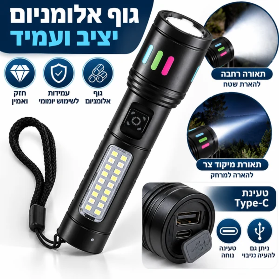 ALT: פנס טלסקופי נטען GoodMix עם גוף אלומיניום יציב ועמיד, טעינת USB Type-C ותאורת LED עוצמתית.