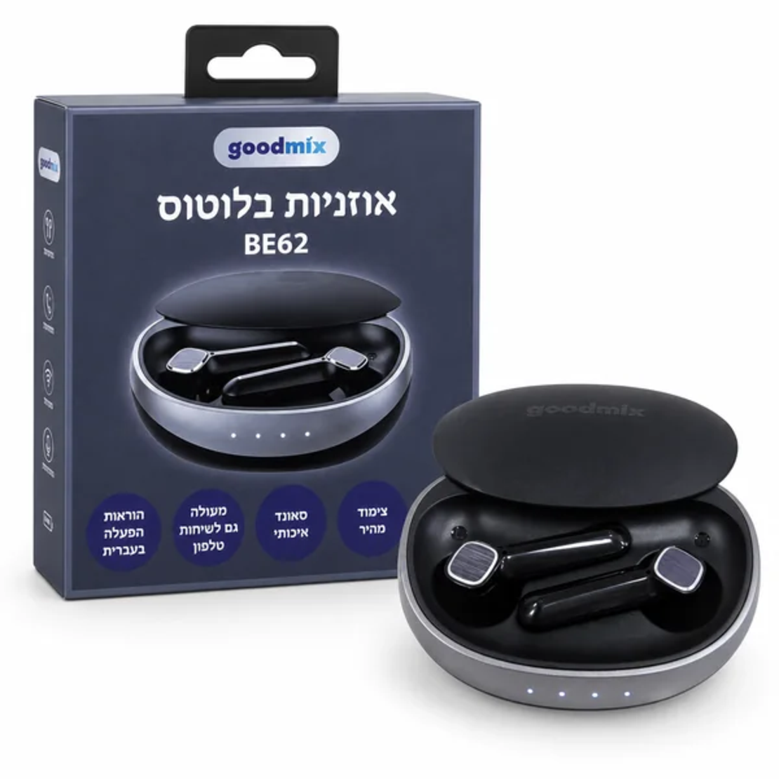 ALT: אוזניות בלוטוס אלחוטיות Goodmix BE62 בצבע שחור עם נרתיק טעינה ואריזה מקורית.