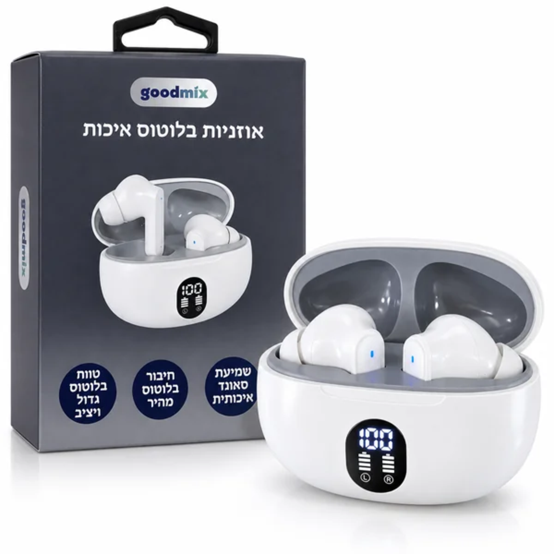 ALT מומלץ: אוזניות בלוטוס איכותיות GoodMix בצבע לבן עם בית טעינה דיגיטלי ואריזה מקורית.