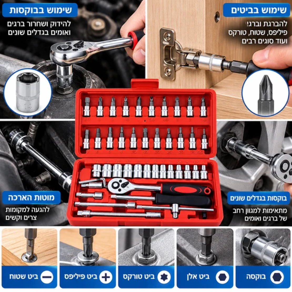 ALT: סט מפתחות ראצ'ט Goodmix – המחשת שימוש בבוקסות להידוק אומים, בביטים להברגת ברגים ובמוטות הארכה לעבודה במקומות צרים.