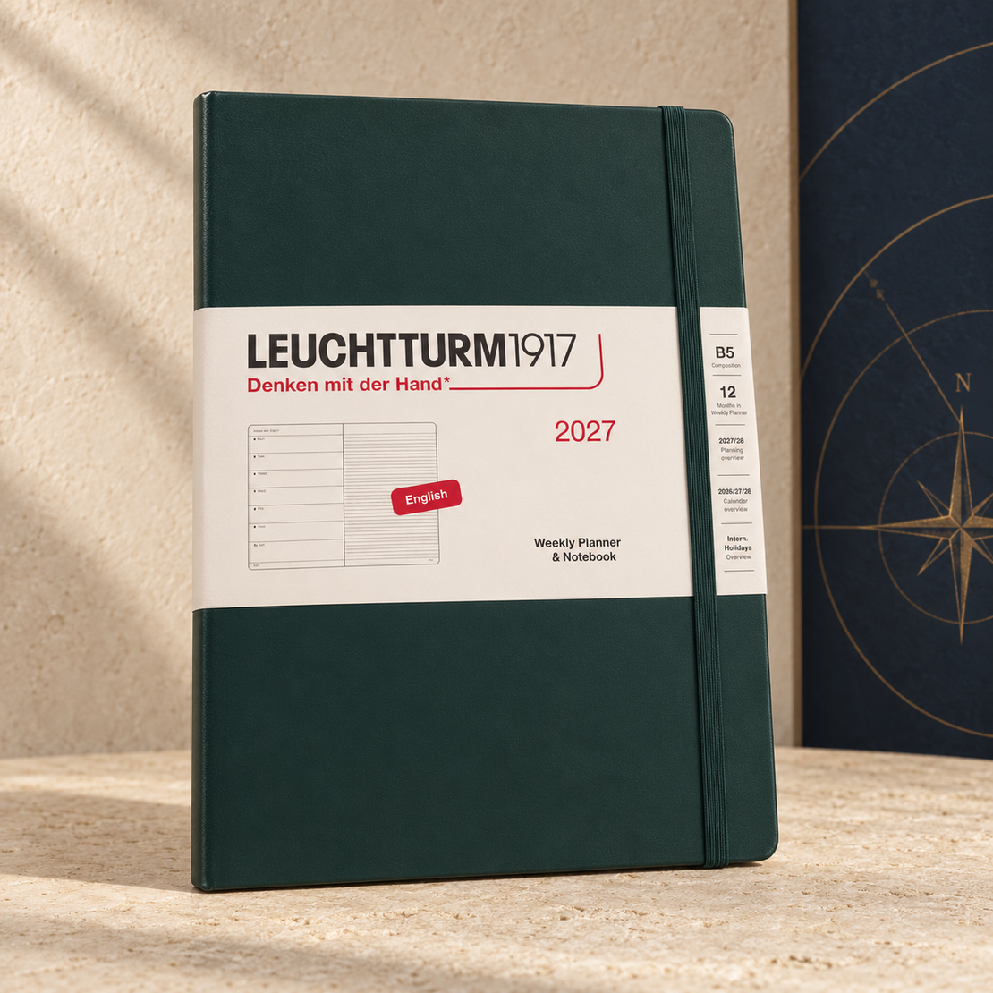 יומן שבועי ומחברת 2027 לוקטרום LEUCHTTURM1917 — B5, כריכה קשה, פורסט גרין, באנגלית