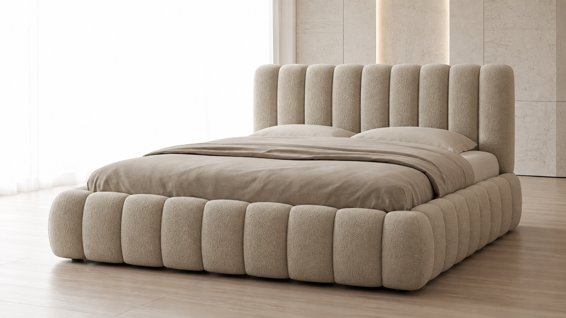 Modern Beige Boucle Channel-Tufted Bed Frame