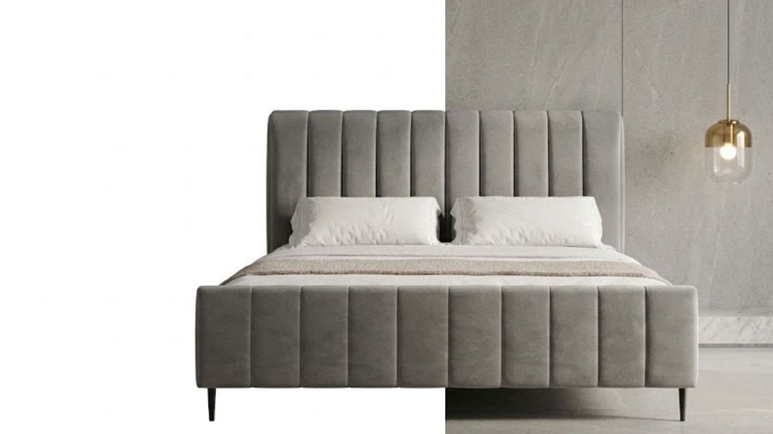Modern Beige Channel-Tufted Bed Frame
