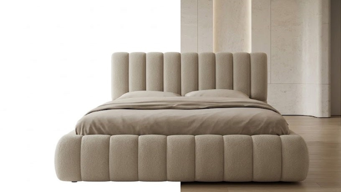 Modern Beige Boucle Channel-Tufted Bed Frame