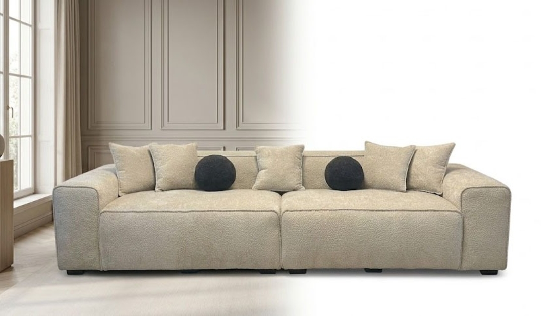 Textured Beige Sofa with Ottoman