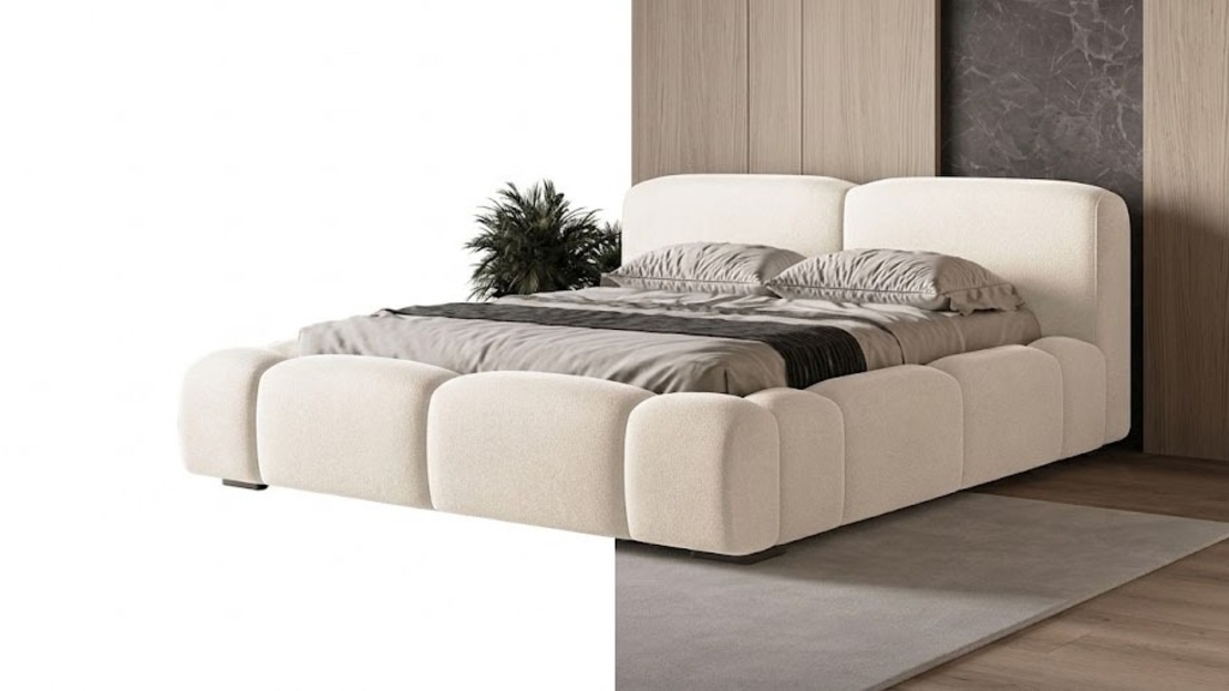 Modern Off-White Boucle Puffy Platform Bed Frame