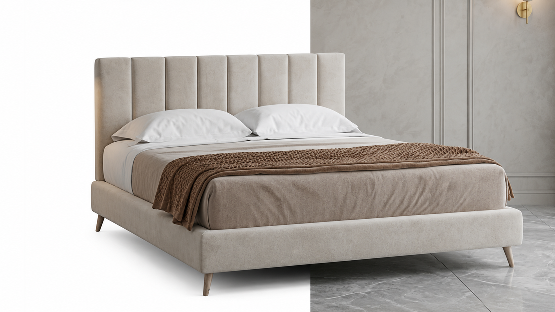 Modern Taupe Velvet Wingback Bed Frame