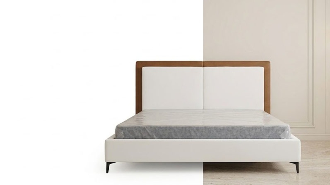 Modern White Bed Frame with Leather-Trimmed Headboard