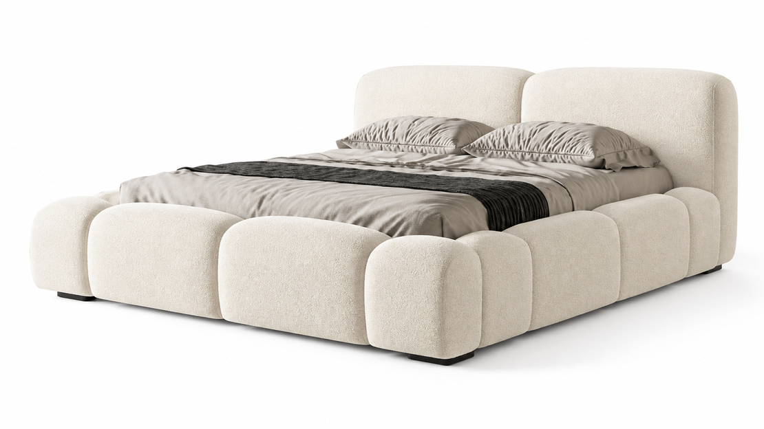 Modern Off-White Boucle Puffy Platform Bed Frame