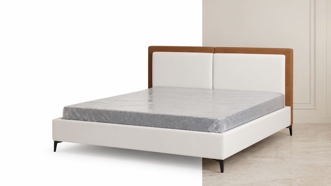Modern White Bed Frame with Leather-Trimmed Headboard