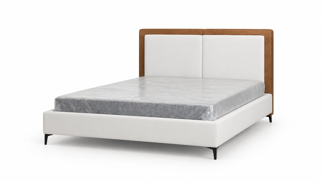 Modern White Bed Frame with Leather-Trimmed Headboard