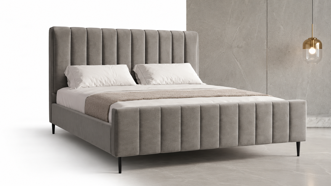 Modern Beige Channel-Tufted Bed Frame