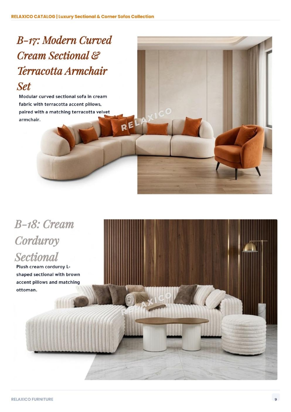 Modern Curved Cream Sectional and Terracotta Armchair Set