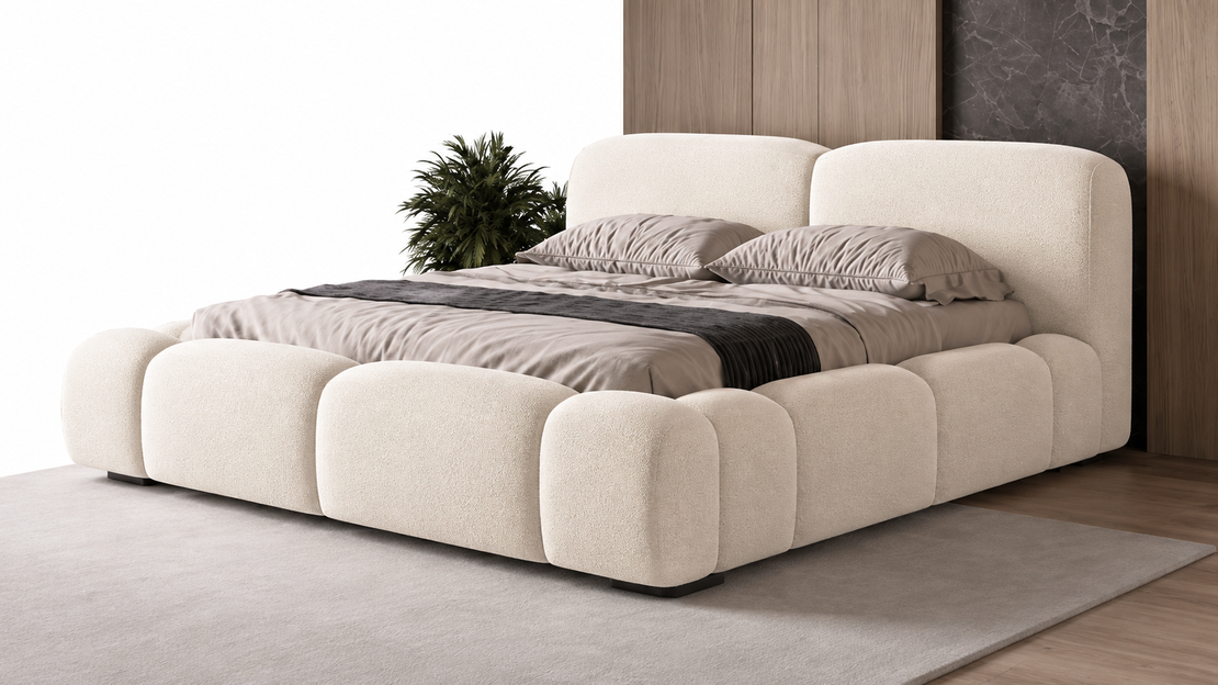 Modern Off-White Boucle Puffy Platform Bed Frame