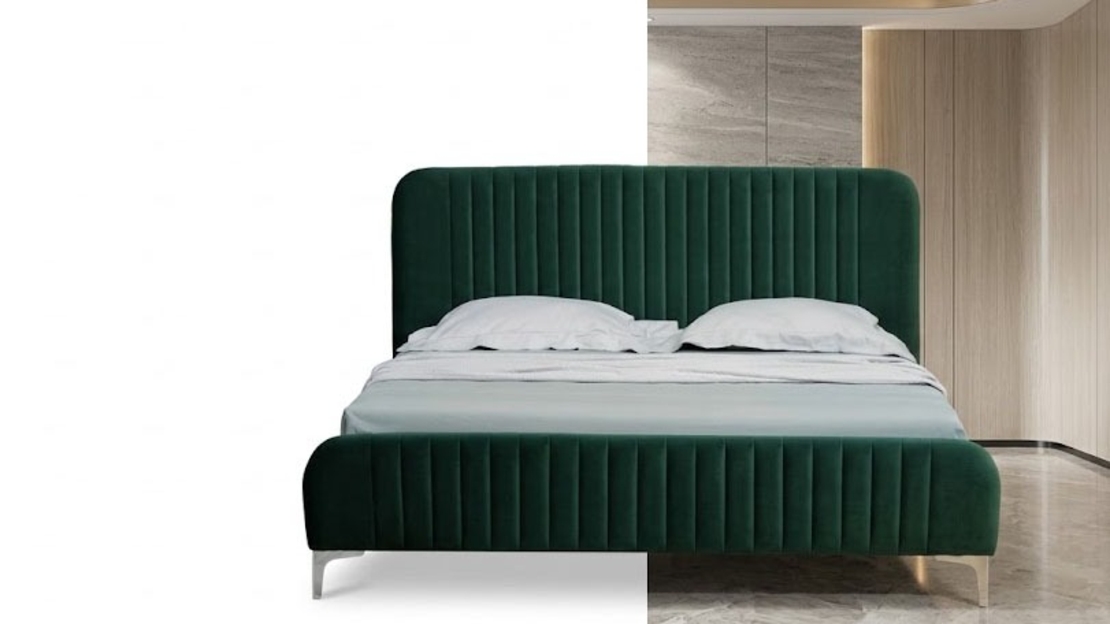 Modern Emerald Velvet Channel-Tufted Bed Frame