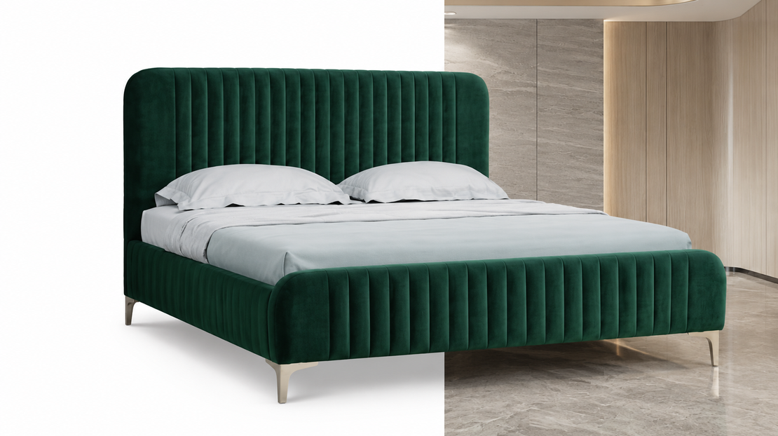 Modern Emerald Velvet Channel-Tufted Bed Frame