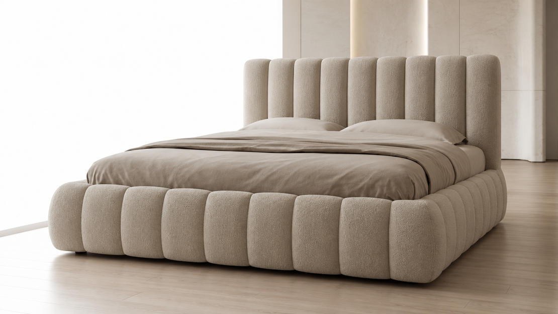 Modern Beige Boucle Channel-Tufted Bed Frame