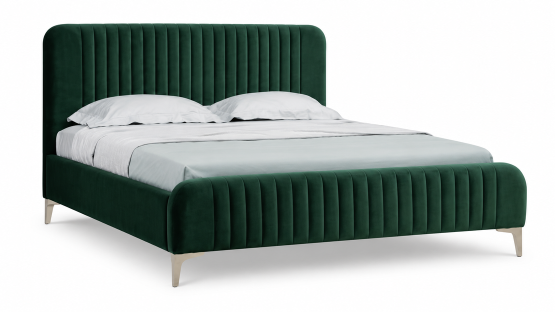 Modern Emerald Velvet Channel-Tufted Bed Frame