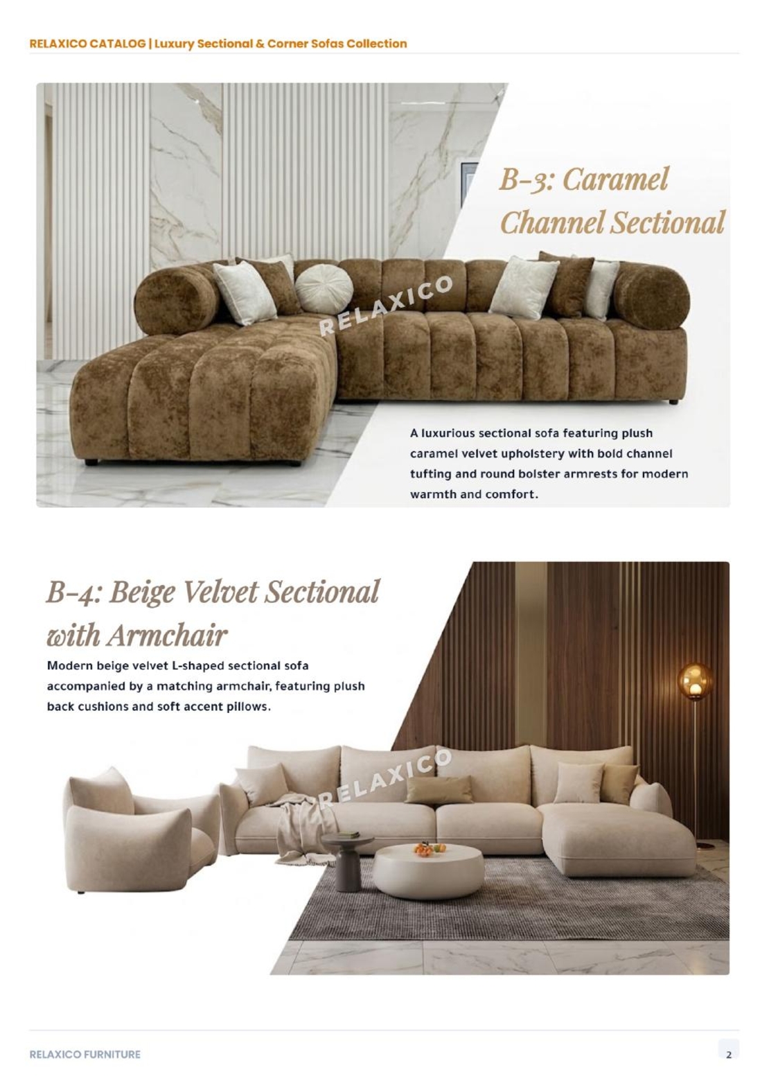 Beige Velvet Sectional with Armchair