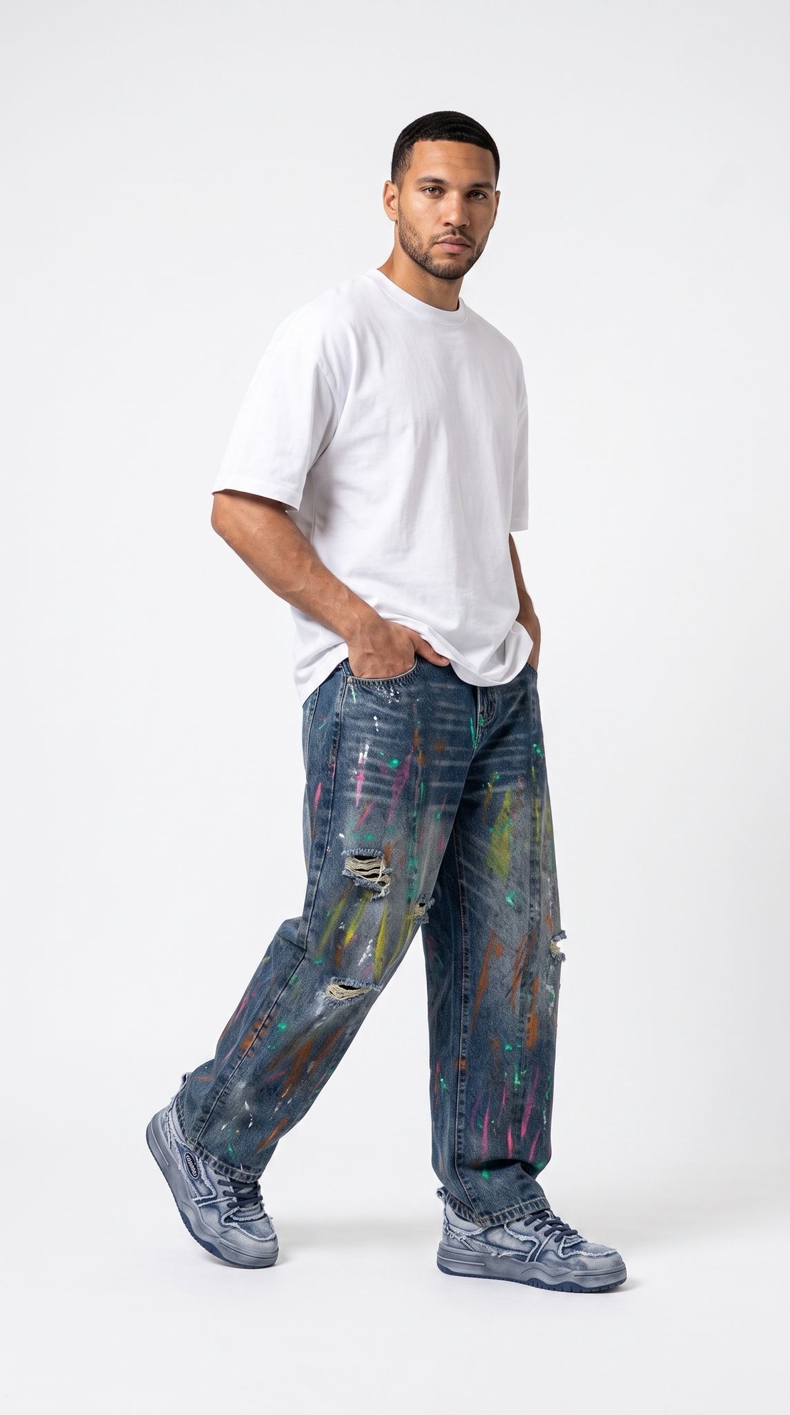 ג'ינס Baggy קרעים וצבע  כחול גינס
