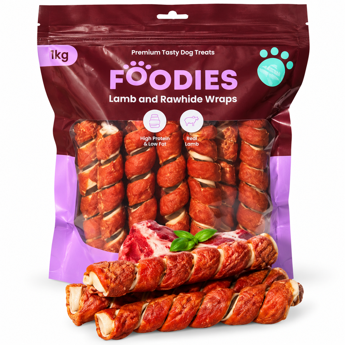 חטיף FOODIES לכלבים – מקלות עור בקר עטופים בטלה, 1 ק״ג