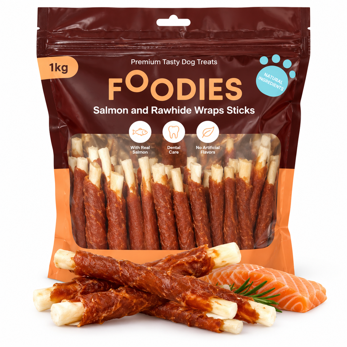 חטיף לעיסה לכלבים FOODIES – מקלות סלמון ועור בקר, 1 ק״ג