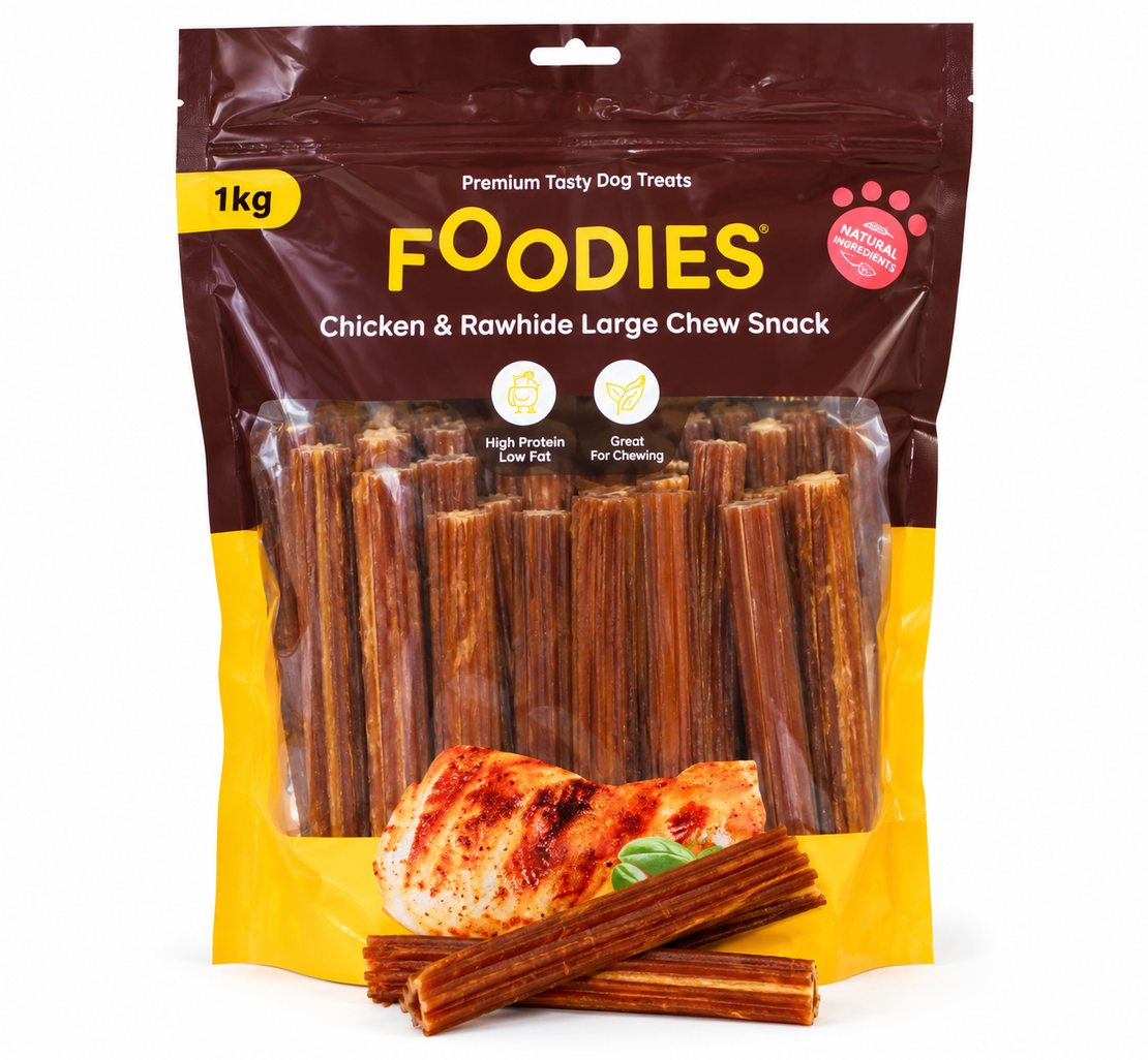חטיף FOODIES לכלבים – מקלות עוף ועור בקר, 1 ק״ג