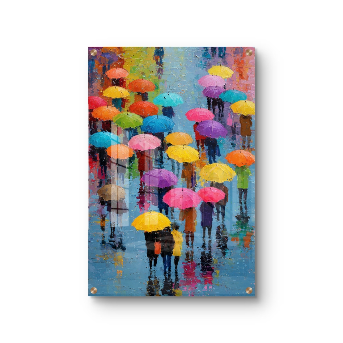 תמונת זכוכית צבעונית עם אנשים תחת מטריות בגוונים חזקים על רקע גשום – תכשיט לבית