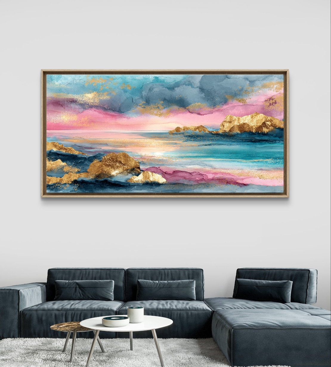 תמונת קנבס אקוורל נוף ים ורוד וטורקיז עם זהב – קנבס מודרני לרוחב--דגם CC4564