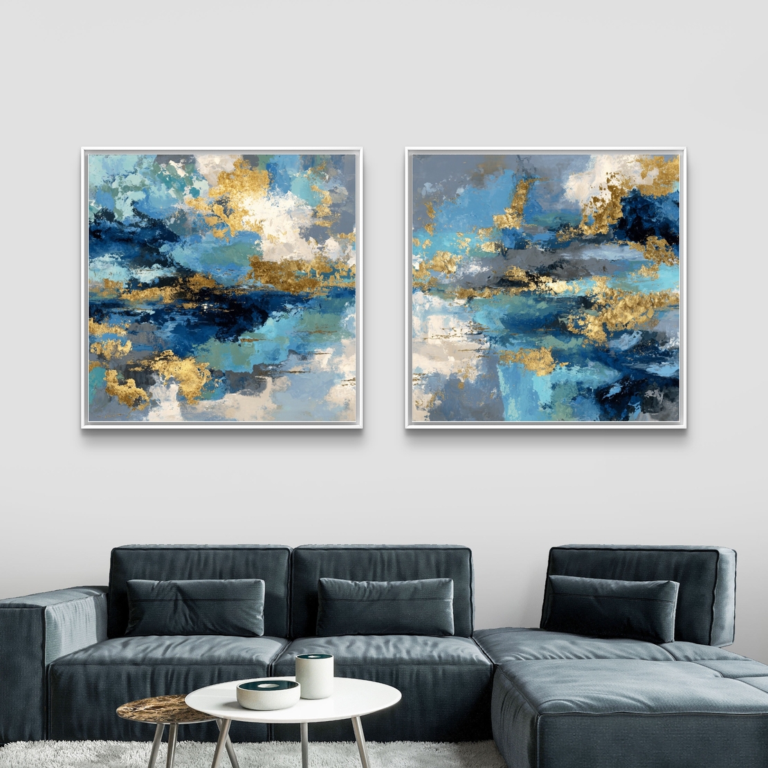 סט תמונות קנבס מודרניות כחול וזהב לעיצוב סלון יוקרתי