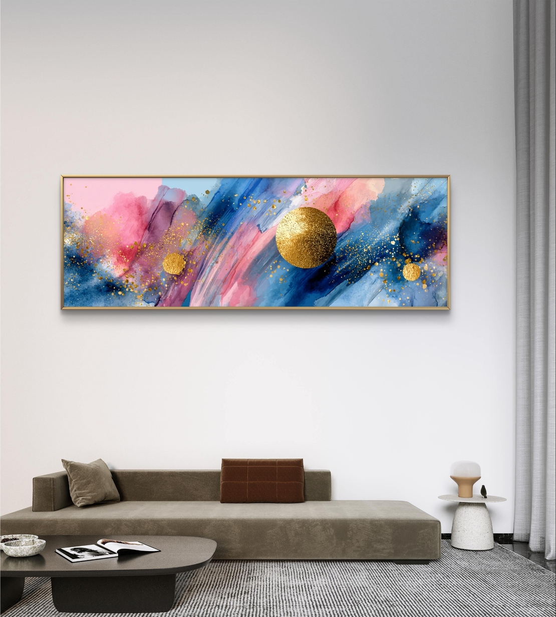 תמונת קנבס פנורמית צבעונית בגווני כחול וורוד עם נקודות זהב בהדפסה חלקה – תכשיט לבית