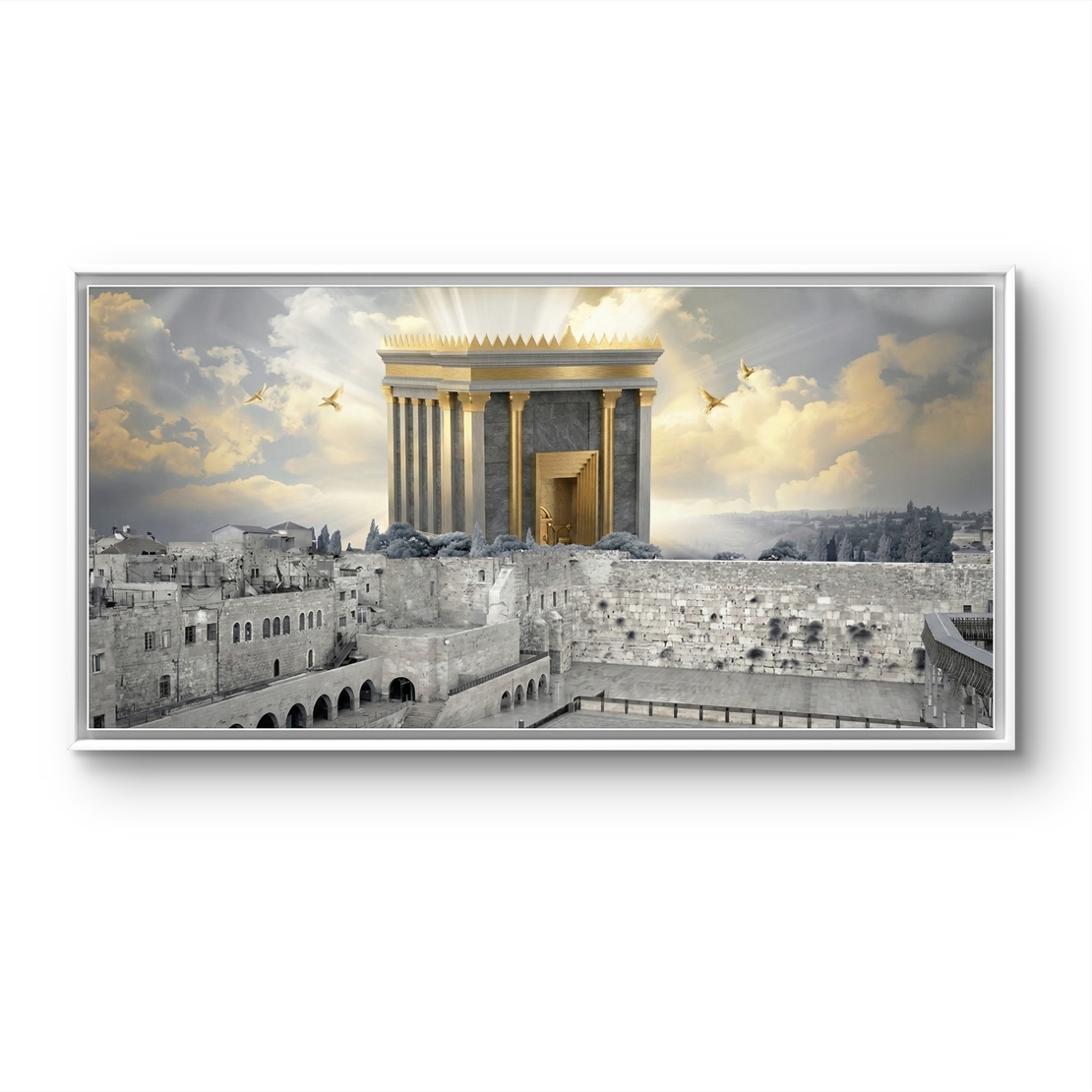 תמונת קנבס לרוחב של בית המקדש מעל ירושלים עם אור זהב שמיימי, עיצוב קדוש ומרומם לבית – מבית תכשיט לבית